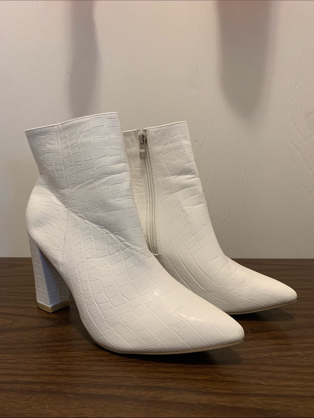 White Croc-Embossed Pointed Toe Ankle Boots